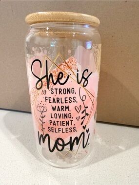 She is Mom Glass cup with Bamboo Lid - Pink & Gold Accents